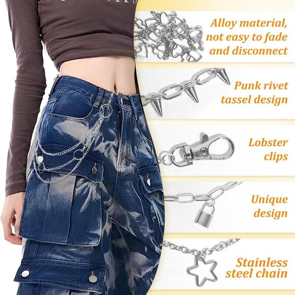 Silver Chain Belt for Jeans Pockets Punk Goth Accessories Metal Wallet Chain - Picture 3 of 8